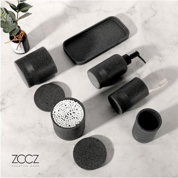 Bathroom Accessories Set, 6-Piece Bathroom Accessory Set  Bathroom Accessories Set 6 Piece Soap Dispenser Toothbrush Holder Vanity Tray Tu
